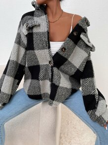 SHEIN LUNE Abrigo teddy con botón delantero de guingán - Multicolor - Ver 3