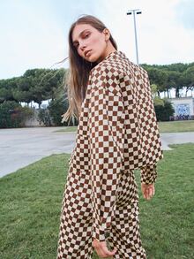 SHEIN Unity Checker Print Drop Shoulder Jacket - Brown - View 2