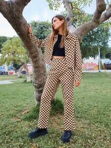 SHEIN Unity Checker Print Drop Shoulder Jacket - Brown - View 3