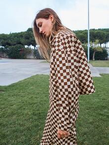 SHEIN Unity Checker Print Drop Shoulder Jacket - Brown - View 4