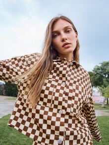 SHEIN Unity Checker Print Drop Shoulder Jacket - Brown - View 5