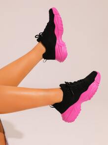 Knit Design Lace-up Chunky Sneakers - Black - View 1