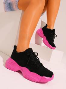 Knit Design Lace-up Chunky Sneakers - Black - View 10