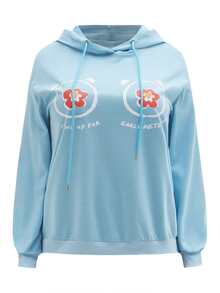 SHEIN X SU2C Plus Floral & Slogan Graphic Drop Shoulder Drawstring Hoodie - Baby Blue - View 5