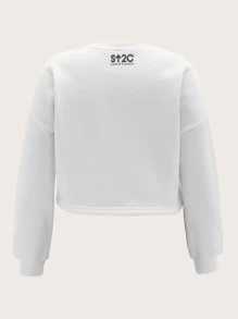 SHEIN X SU2C 大碼花和標語圖案落肩袖加絨內裏運動衫 - 白色 - 查看 2