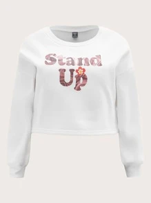 SHEIN X SU2C 大碼花和標語圖案落肩袖加絨內裏運動衫 - 白色 - 查看 8