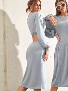 1 pieza Vestido sudadera con abertura trasera - Gris Claro - Ver 1