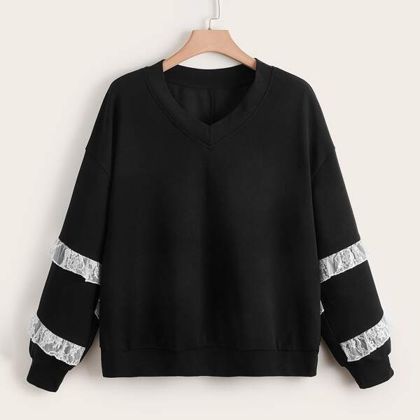 

Plus Contrast Lace V-neck Drop Shoulder Sweatshirt, Black
