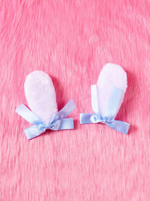 ROMWE Kawaii 2 piezas Clip de pelo con decoración de orejas esponjosas, regalo lindo de San Valentín - Blanco - Ver 4