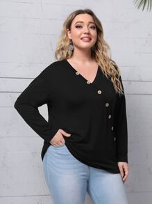 SHEIN Camiseta de hombros caídos con diseño de botón - Negro - Ver 3