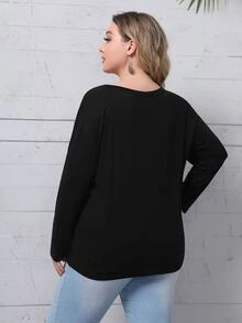 SHEIN Camiseta de hombros caídos con diseño de botón - Negro - Ver 2