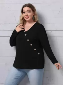 SHEIN Camiseta de hombros caídos con diseño de botón - Negro - Ver 1