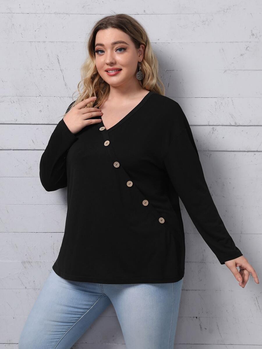SHEIN Camiseta de hombros caídos con diseño de botón - Negro - Ver 1