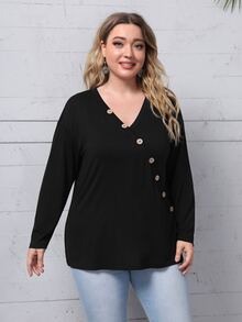 SHEIN Camiseta de hombros caídos con diseño de botón - Negro - Ver 5