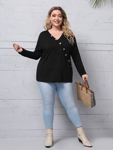 SHEIN Camiseta de hombros caídos con diseño de botón - Negro - Ver 4