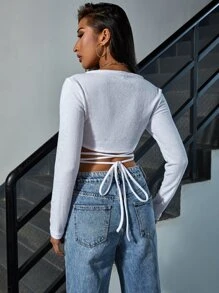 SHEIN Top corto con cordón cruzado - Blanco - Ver 3