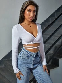 SHEIN Top corto con cordón cruzado - Blanco - Ver 1