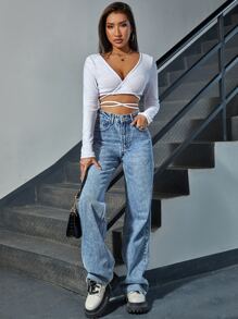 SHEIN Top corto con cordón cruzado - Blanco - Ver 5