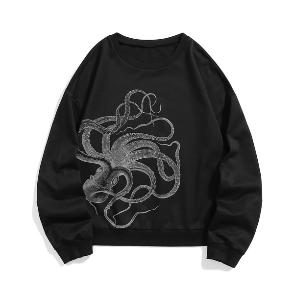 

Octopus Print Round Neck Sweatshirt, Black