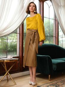 SHEIN Unity Top viscosa jacquard de manga globo - Amarillo - Ver 5