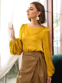 SHEIN Unity Top viscosa jacquard de manga globo - Amarillo - Ver 1