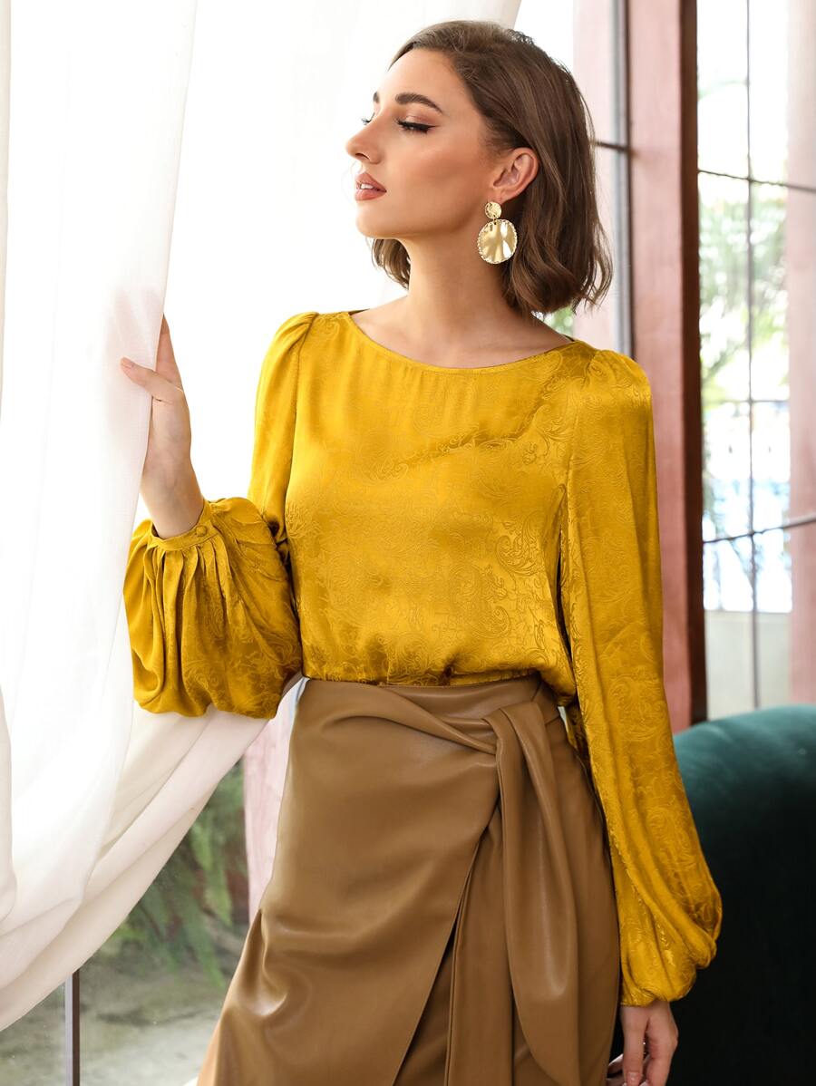 SHEIN Unity Top viscosa jacquard de manga globo - Amarillo - Ver 1