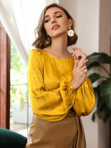 SHEIN Unity Top viscosa jacquard de manga globo - Amarillo - Ver 8