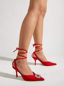 水鑽裝飾尖頭條帶高跟鞋 - 紅色 - 查看 2