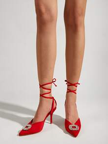 水鑽裝飾尖頭條帶高跟鞋 - 紅色 - 查看 3