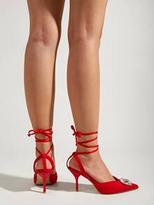 水鑽裝飾尖頭條帶高跟鞋 - 紅色 - 查看 4