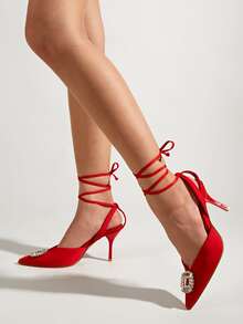 水鑽裝飾尖頭條帶高跟鞋 - 紅色 - 查看 5