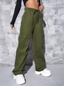 高腰前繫帶工裝褲 - 軍綠色 - 查看 1