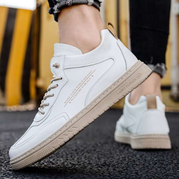 

Men Letter Detail Lace-up Front Sneakers, Beige