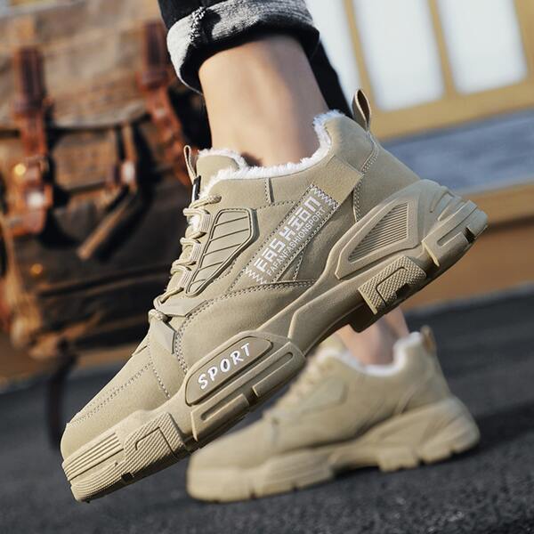 

Men Letter Detail Lace-up Front Plush Inside Sneakers, Khaki