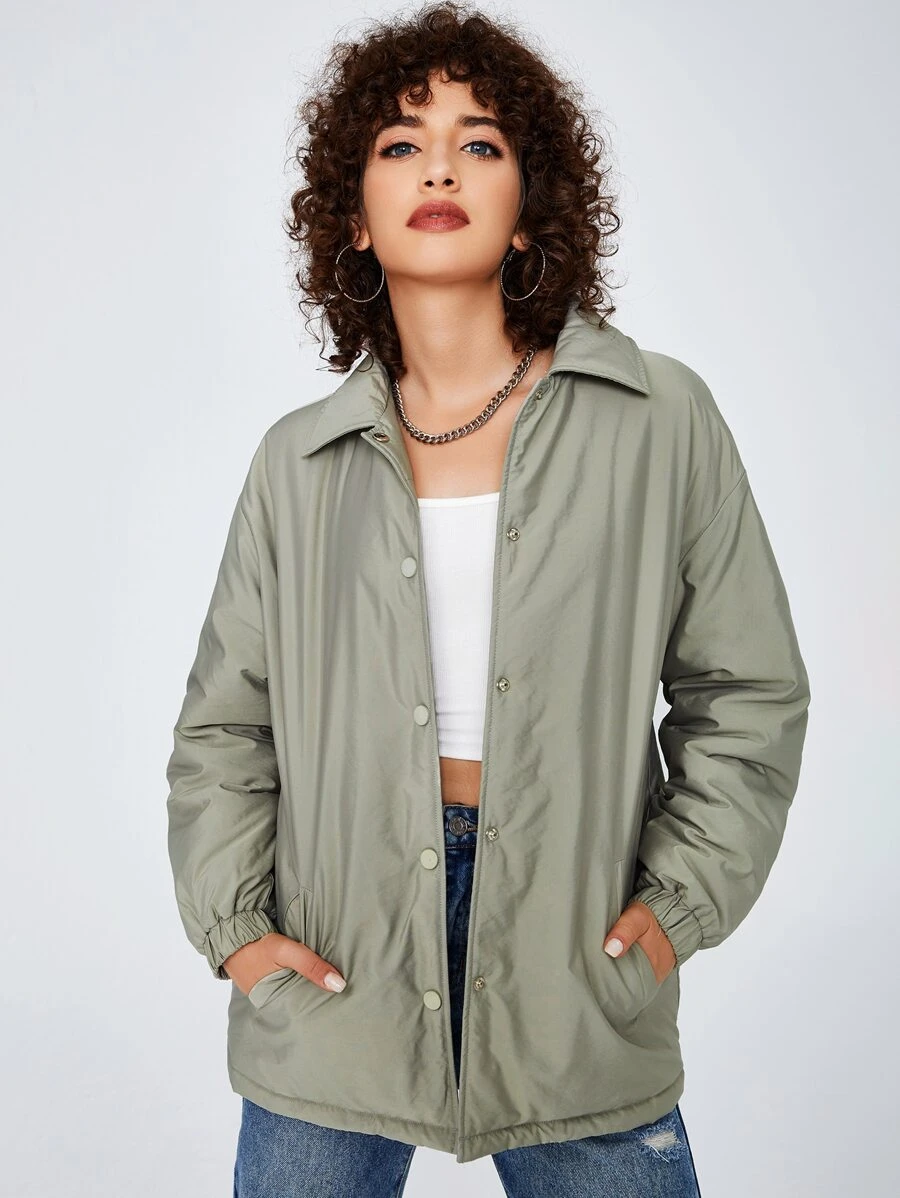 SHEIN Drop Shoulder Pressed Button Padded Coat - Army Green - View 1