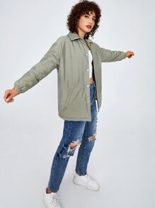 SHEIN Drop Shoulder Pressed Button Padded Coat - Army Green - View 2