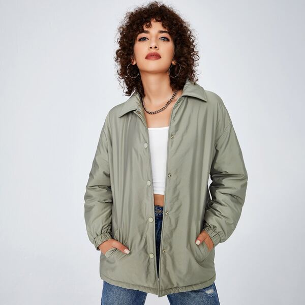 

Drop Shoulder Pressed Button Winter Coat, Army green
