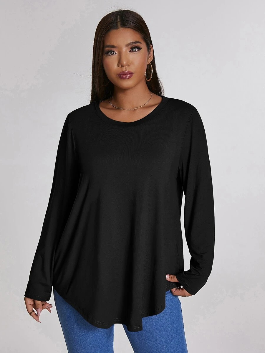 SHEIN LUNE Áo thun Plus size màu trơn Giải trí - màu đen - Xem 1