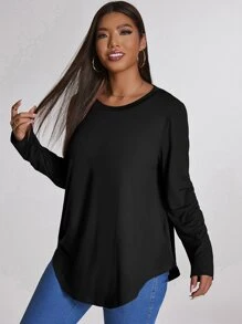 SHEIN LUNE Áo thun Plus size màu trơn Giải trí - màu đen - Xem 3