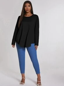 SHEIN LUNE Áo thun Plus size màu trơn Giải trí - màu đen - Xem 4
