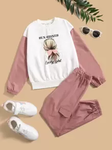 SHEIN Girls Colour Block Letter And Figure Graphic Pullover & Flap Pocket Joggers - Multicolor - View 1