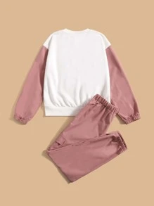 SHEIN Girls Colour Block Letter And Figure Graphic Pullover & Flap Pocket Joggers - Multicolor - View 2