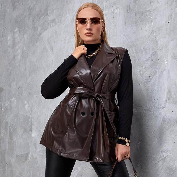 

Plus Pocket Patched Belted PU Leather Vest Coat, Chocolate brown