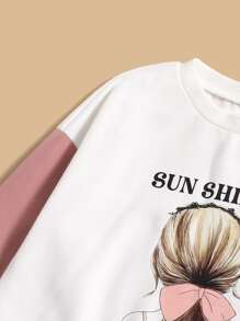 SHEIN Girls Colour Block Letter And Figure Graphic Pullover & Flap Pocket Joggers - Multicolor - View 4