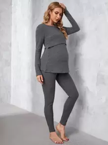 SHEIN Maternity Rib-knit Lift Up Nursing Top & Leggings PJ Set