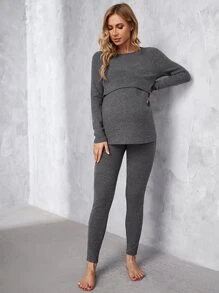 SHEIN Maternity Rib-knit Lift Up Nursing Top & Leggings PJ Set