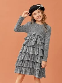 SHEIN Girls Layered Ruffle Hem Belted Glitter Dress - Grey - View 1