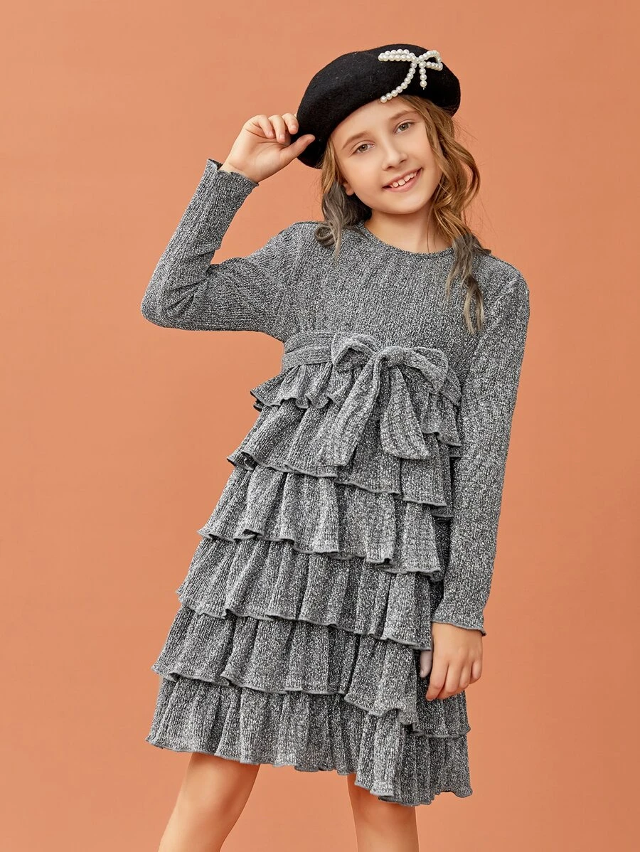 SHEIN Girls Layered Ruffle Hem Belted Glitter Dress - Grey - View 1