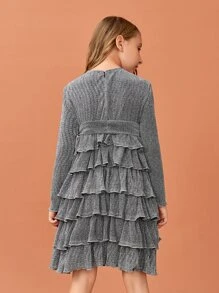 SHEIN Girls Layered Ruffle Hem Belted Glitter Dress - Grey - View 2