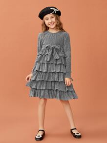 SHEIN Girls Layered Ruffle Hem Belted Glitter Dress - Grey - View 3